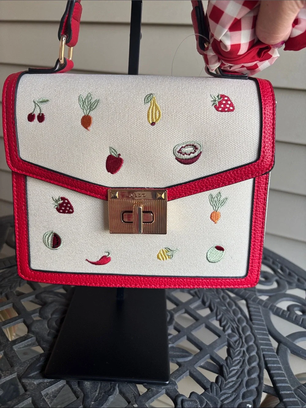 ALDO Red & Cream Fruit Embroidered Top-Handle Satchel Bag with Gingham Scarf/Bow